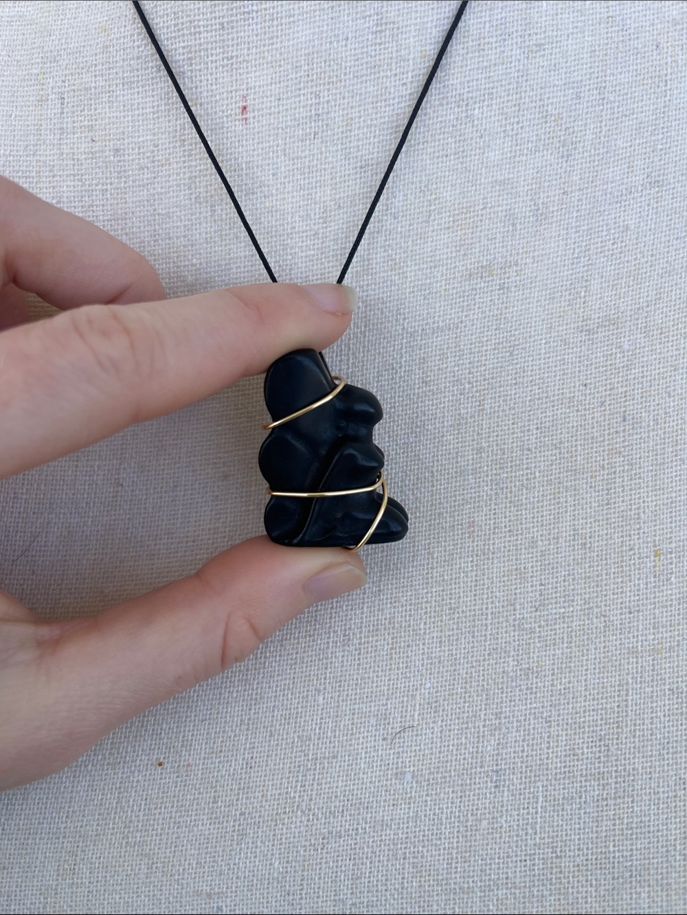 Black Onyx Fairy Necklace on Black Nylon Cord With Gold Wire Wrapping
